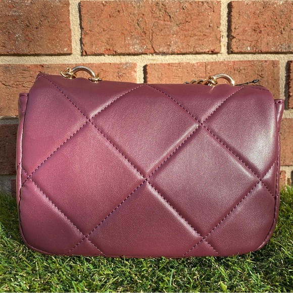 Badgley Mischka Plum Vegan Leather Quilted Flap Crossbody w. Gold Tone Logo - Picture 5 of 9